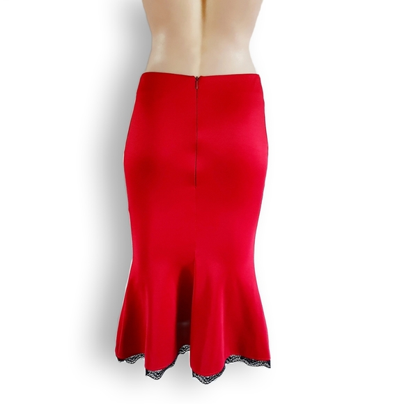 Deep red, satin-look, low sitting mermaid, pencil, knee length skirt AU 8-10 - Picture 6 of 11